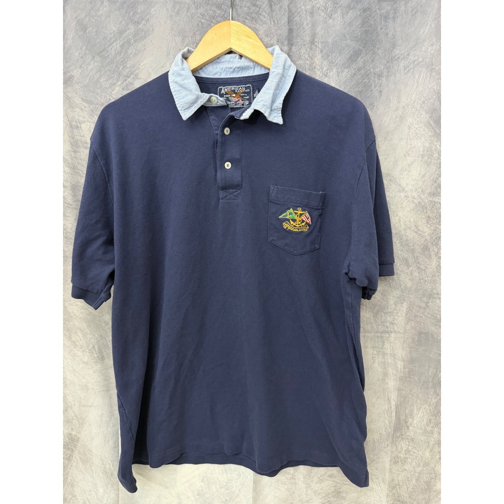 American Living Mens XL Navy Blue Short Sleeve Nautical Crest Pocket Polo Shirt